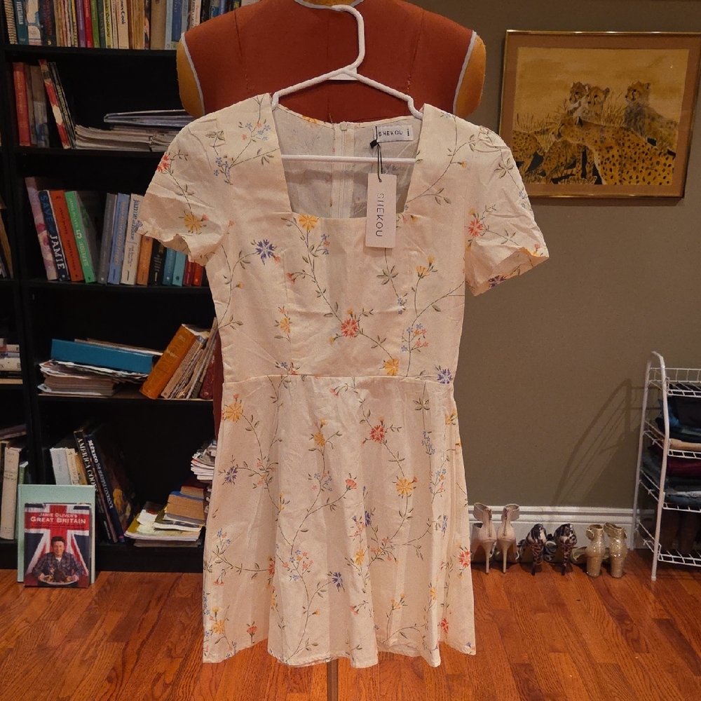 Tiekko Cream Floral Square-Neck Mini Dress